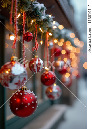 Beautifully decorated storefront with Christmas ornaments and lights during the holiday season 118819145