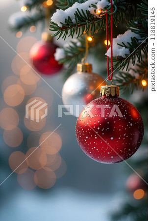 Decorative Christmas ornaments hanging on a snow-covered tree during the festive holiday season 118819146
