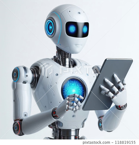 robot using tablet isolate on white background 118819155
