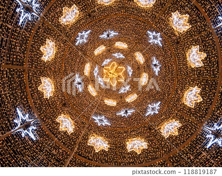 Interior View of Illuminated Christmas Tree Structure Interior View of Illuminated Christmas Tree Structure 118819187