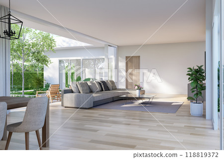 Modern contemporary style white living room with garden view 3d render 118819372