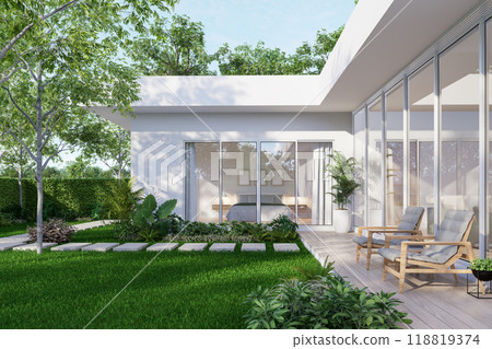 Minimal style modern white house exterior with tropical garden 3d render Minimal style modern white house exterior with tropical garden 3d render 118819374