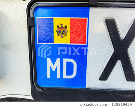 Close-up on Moldavian flag on Vehicle registration plate. Close-up on Moldavian flag on Vehicle registration plate. 118819439