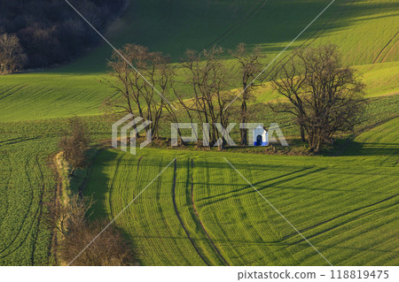 Landscape with chapel of St. Barborkas near Strazovice, Southern Moravia, Czech Republic 118819475