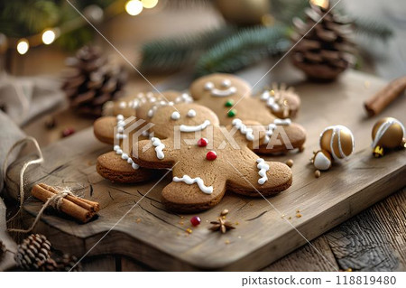 Generative Ai illustration. Christmas homemade gingerbread cookies on wooden table 118819480