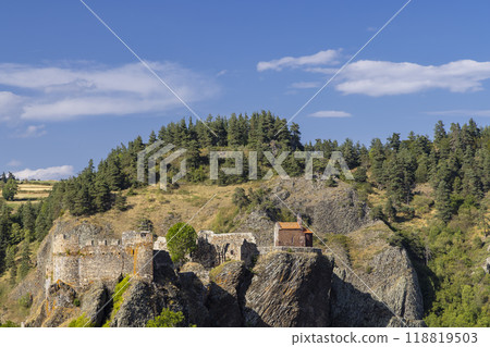 Chateau d'Arlempdes with old town Arlempdes, Haute-Loire, France 118819503