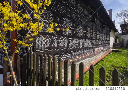 Unique decoration of houses in Cicmany, UNESCO World Heritage Site, Slovakia 118819530