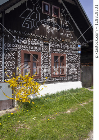 Unique decoration of houses in Cicmany, UNESCO World Heritage Site, Slovakia 118819531