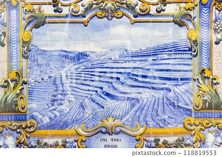 Blue azulejos with motifs from Douro Valley, train station of Pinhao, Portugal Blue azulejos with motifs from Douro Valley, train station of Pinhao, Portugal 118819553