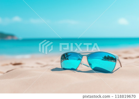 Sunglasses on a Sandy Beach with Ocean Background 118819670