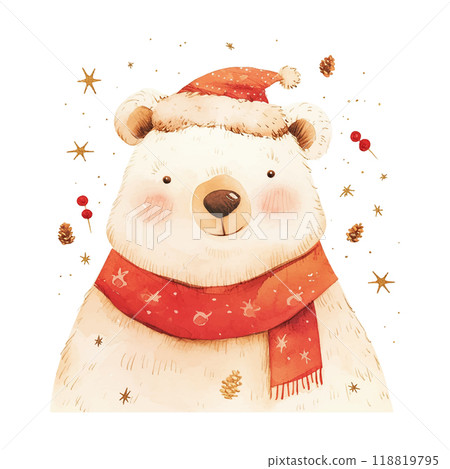A cartoon bear with a red scarf and a santa hat. The bear is smiling and surrounded by Christmas decorations A cartoon bear with a red scarf and a santa hat. The bear is smiling and surrounded by Christmas decorations 118819795