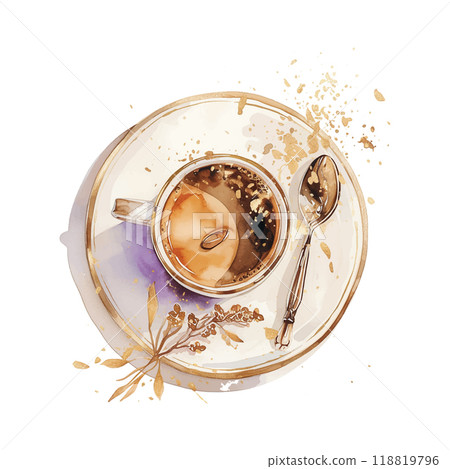 A cup of coffee is sitting on a white plate. The coffee is dark and has a rich aroma. The cup is made of glass and has a handle. The plate is decorated with gold and silver designs A cup of coffee is sitting on a white plate. The coffee is dark and has a rich aroma. The cup is made of glass and has a handle. The plate is decorated with gold and silver designs 118819796