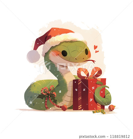 A green snake wearing a Santa hat is holding a red box. The snake is surrounded by Christmas decorations, including a wreath and a tree. The image conveys a festive and playful mood A green snake wearing a Santa hat is holding a red box. The snake is surrounded by Christmas decorations, including a wreath and a tree. The image conveys a festive and playful mood 118819812