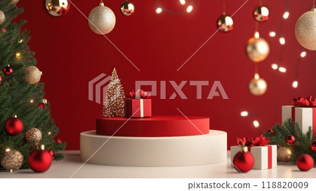 Empty round podium among Christmas decorations on red background 118820009