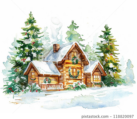 A cabin in the woods with a deer and a couple of other deer in the background. The cabin is surrounded by trees and snow 118820097