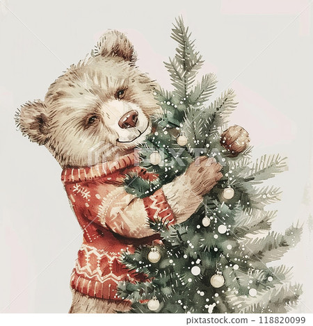 A bear is holding a Christmas tree branch in its mouth. The bear is wearing a red sweater and he is happy 118820099