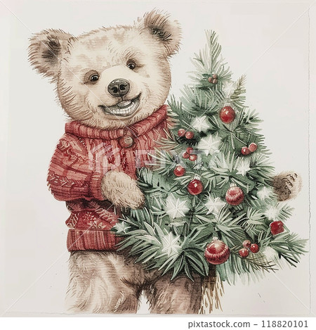 A bear is holding a Christmas tree branch in its mouth. The bear is wearing a red sweater and he is happy 118820101
