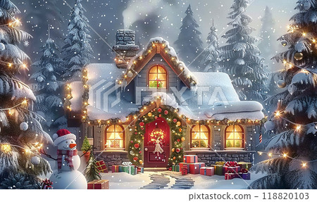 A snow-covered house with a red door and a snowman standing in front of it. The house is decorated with Christmas lights and a Christmas tree 118820103