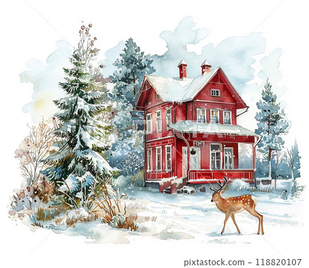 A red house with a white chimney sits in front of a pine tree. A deer is walking in the snow near the house 118820107
