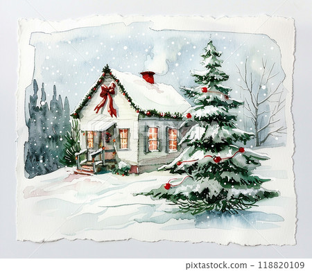 A house with a red bow on the roof and a Christmas tree in front of it. The house is surrounded by snow and the tree is covered in red and white decorations. The scene is peaceful and festive 118820109