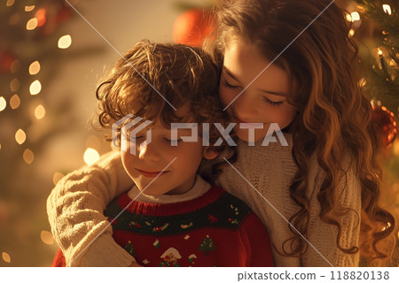 A young girl and boy are hugging each other in front of a Christmas tree. Scene is warm and loving, as the two children share a moment of affection A young girl and boy are hugging each other in front of a Christmas tree. Scene is warm and loving, as the two children share a moment of affection 118820138
