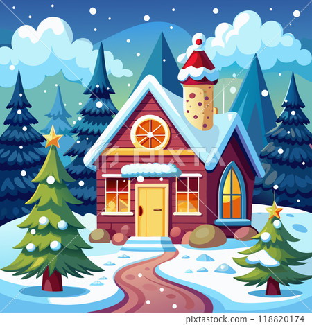 A house with a red roof and a white door sits in front of a row of pine trees. The house is decorated with a Christmas tree and a star. The scene is set in a snowy landscape, giving it a cozy 118820174
