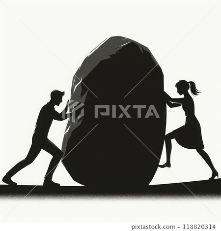 Silhouettes of a man and a woman pushing a stone. Silhouettes of a man and a woman pushing a stone. 118820314