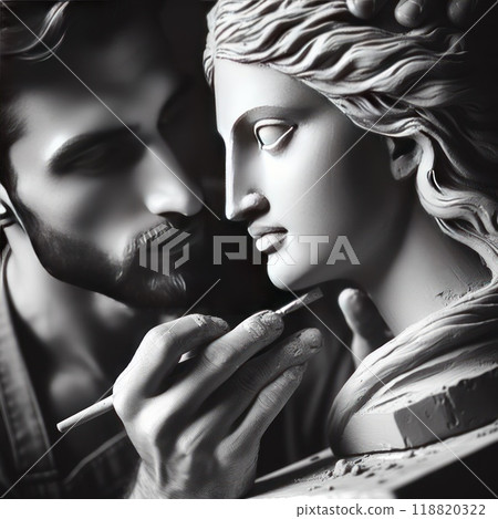 A master working with the sculpture of a woman. A master working with the sculpture of a woman. 118820322