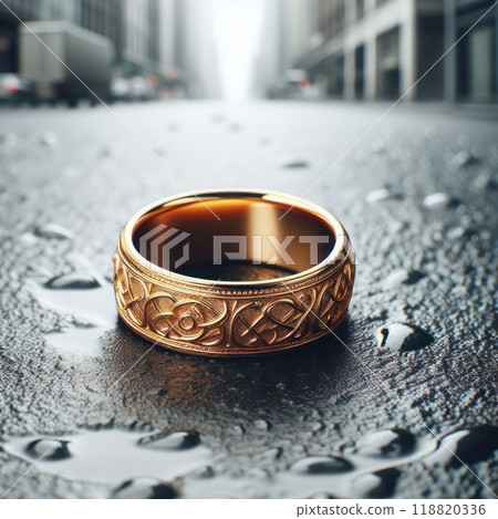 A single golden ring lying on the wet asphalt of the road. 118820336