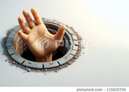 A hand peeking out of the hatch. Space for text. 118820356