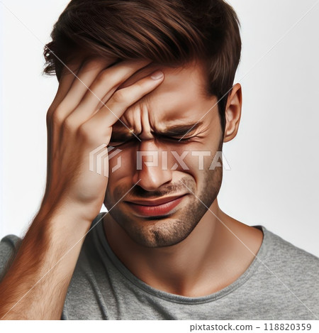 A man with a headache close-up on a light background. 118820359