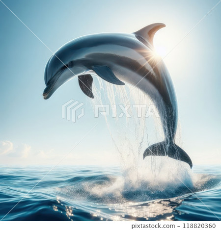 Dolphin jumping in the sea on the background of sunlight. Dolphin jumping in the sea on the background of sunlight. 118820360