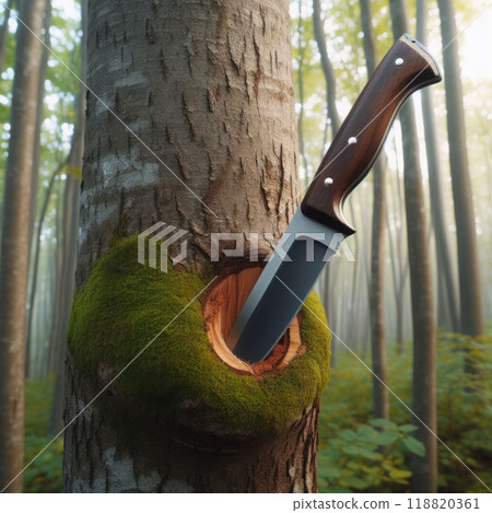 A knife stuck in a tree in the forest. A knife stuck in a tree in the forest. 118820361