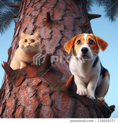 Frightened cat and dog sitting on a tree. Frightened cat and dog sitting on a tree. 118820371