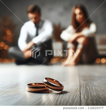 Gold rings lying on the floor against the background of a couple. 118820377