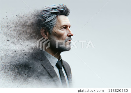 A man in a suit, falling to pieces. Space for text. 118820380