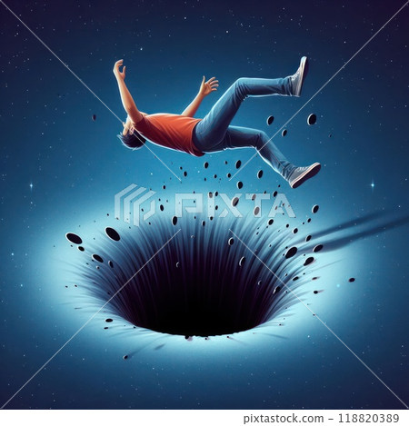 A man falling into a black hole. Space for text. A man falling into a black hole. Space for text. 118820389