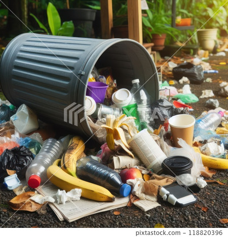 Spilled garbage from an overturned trash can. Spilled garbage from an overturned trash can. 118820396