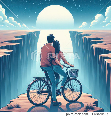 Couple in love on a bicycle standing on the edge of an abyss against the background of the sunset. 118820404