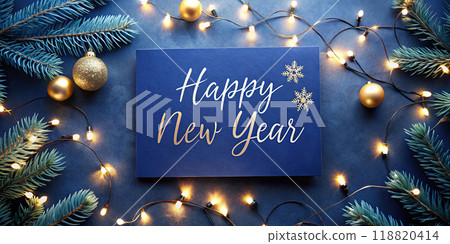 Happy New Year Greeting Dark Blue Card with Gold Decorations and Lights. Top view 118820414