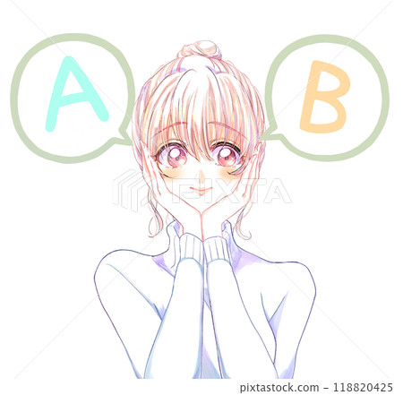 Women A and B look happy as they consider their options 118820425