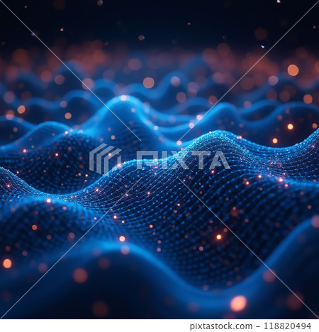 Digital abstract representation of flowing waves with glowing particles in a dark space, showcasing depth and movement Digital abstract representation of flowing waves with glowing particles in a dark space, showcasing depth and movement 118820494