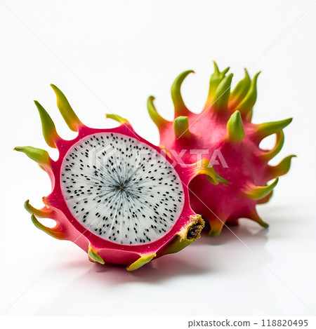 Colorful dragon fruit sliced in half showcasing its unique interior on a clean, white background 118820495