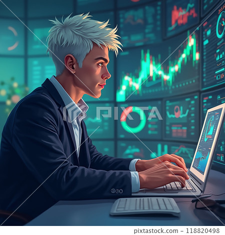 A young professional analyzing market trends in a modern office environment during the evening 118820498