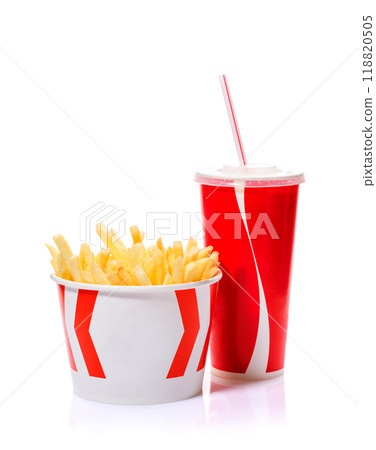 French fries and a cup of cola isolated on a white background French fries and a cup of cola isolated on a white background 118820505