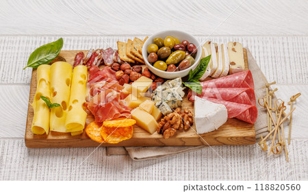 A selection of various cheeses and meats 118820560