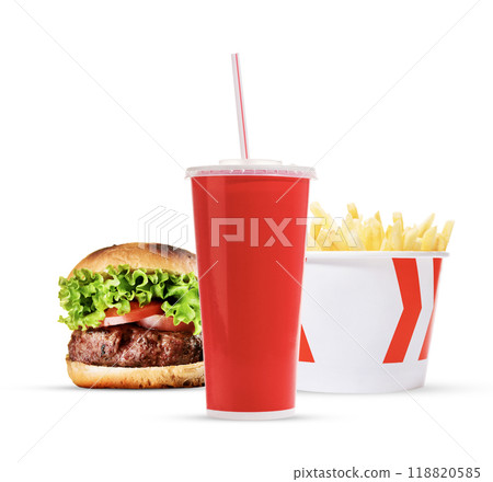 A classic trio of cola, French fries, and a hamburger 118820585