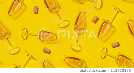 Seamless flat lay background with white wine glasses 118820590