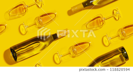 Seamless flat lay background with white wine glasses and bottles Seamless flat lay background with white wine glasses and bottles 118820594