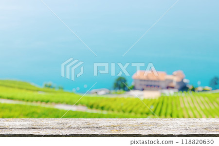 An empty wooden table in the foreground with a sunny vineyard in the background An empty wooden table in the foreground with a sunny vineyard in the background 118820630
